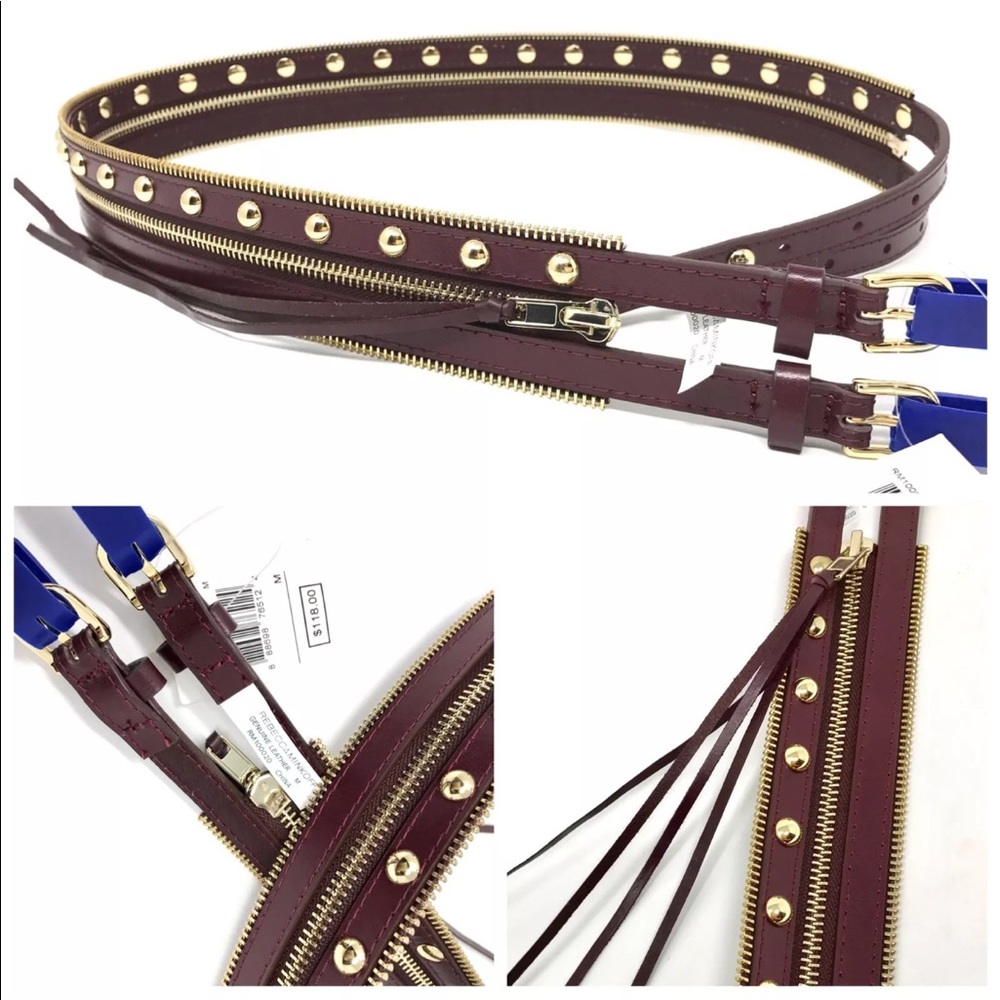 REBECCA MINKOFF BELT- Zipper, Gold Studs, Tassel burgundy red
